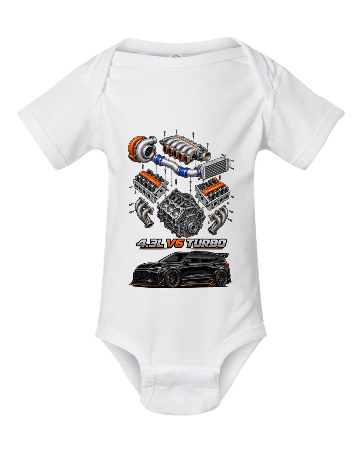 Exploded cutaway drawing of the 4.3L turbo V6 engine in a 1992-93 GMC Typhoon, printed on a shirt back white baby onesie front view with the design