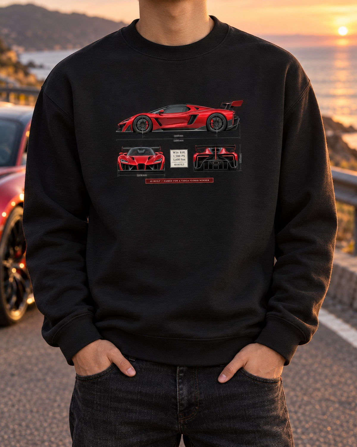 Bugatti Divo 2019 Three-View Spec Table Tee, 40 Built Crewneck Black worn hero