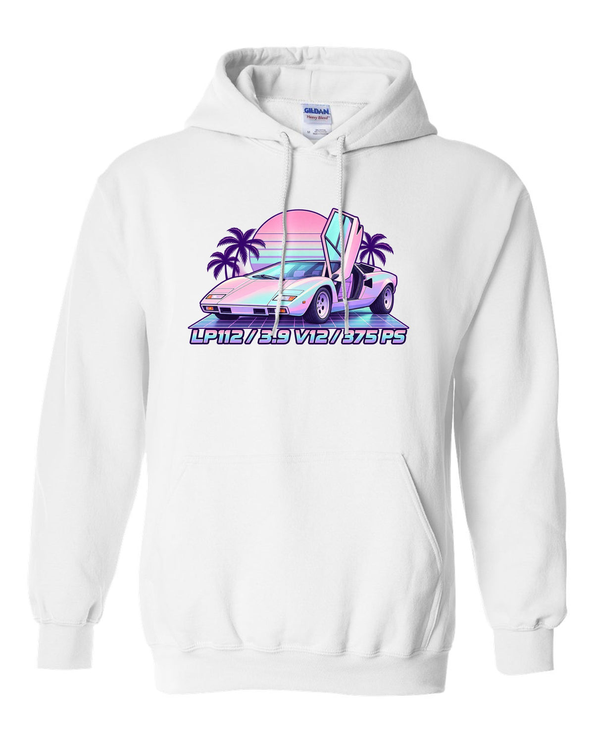 Pastel vaporwave Lamborghini Countach LP400 with LP112, 3.9 V12 and 375 PS lettering white pull over hoodie front view with the design