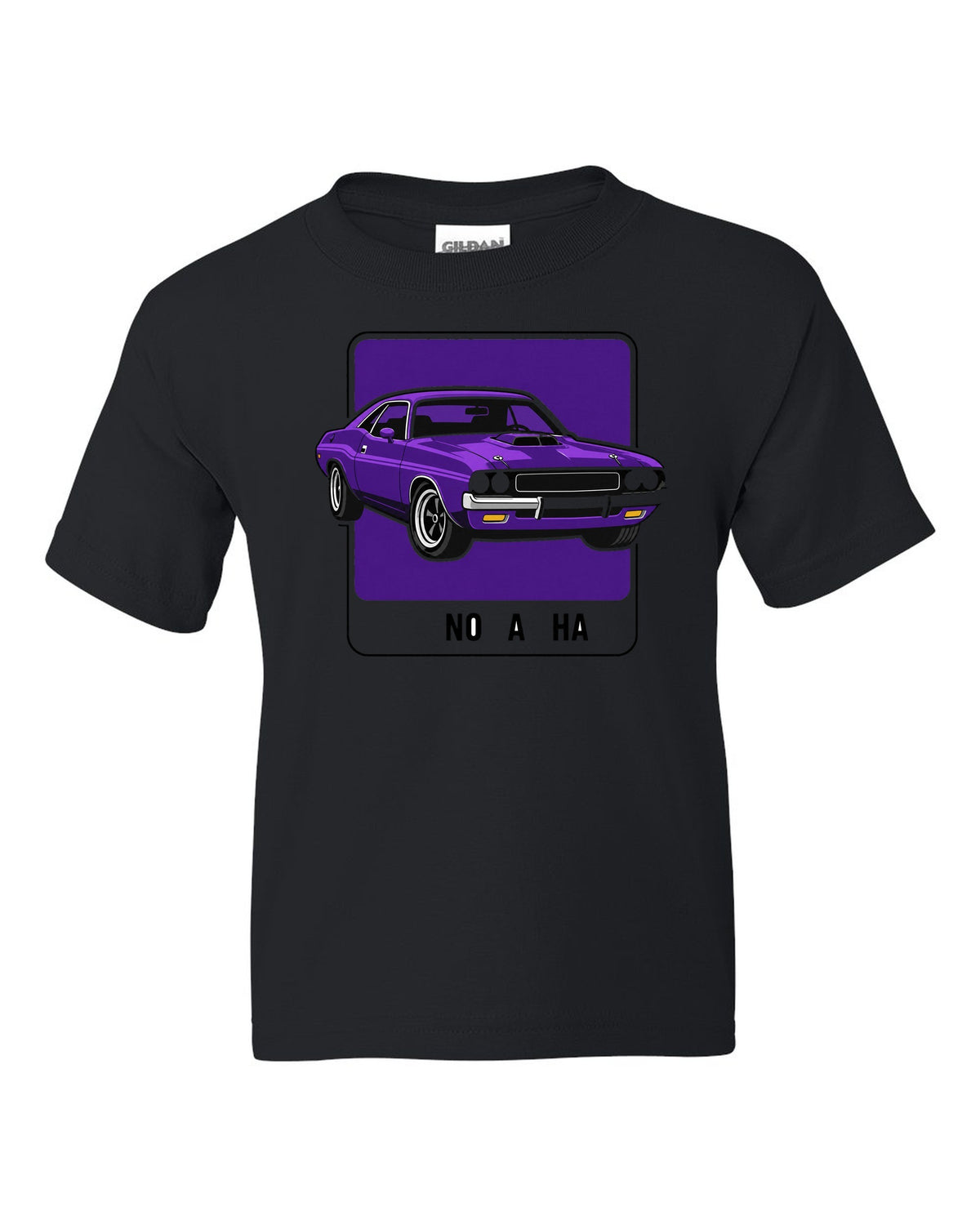 Minimal colour swatch card in Plum Crazy for a 1970 Dodge Challenger R/T with code FC7 black kids tee front view with the design