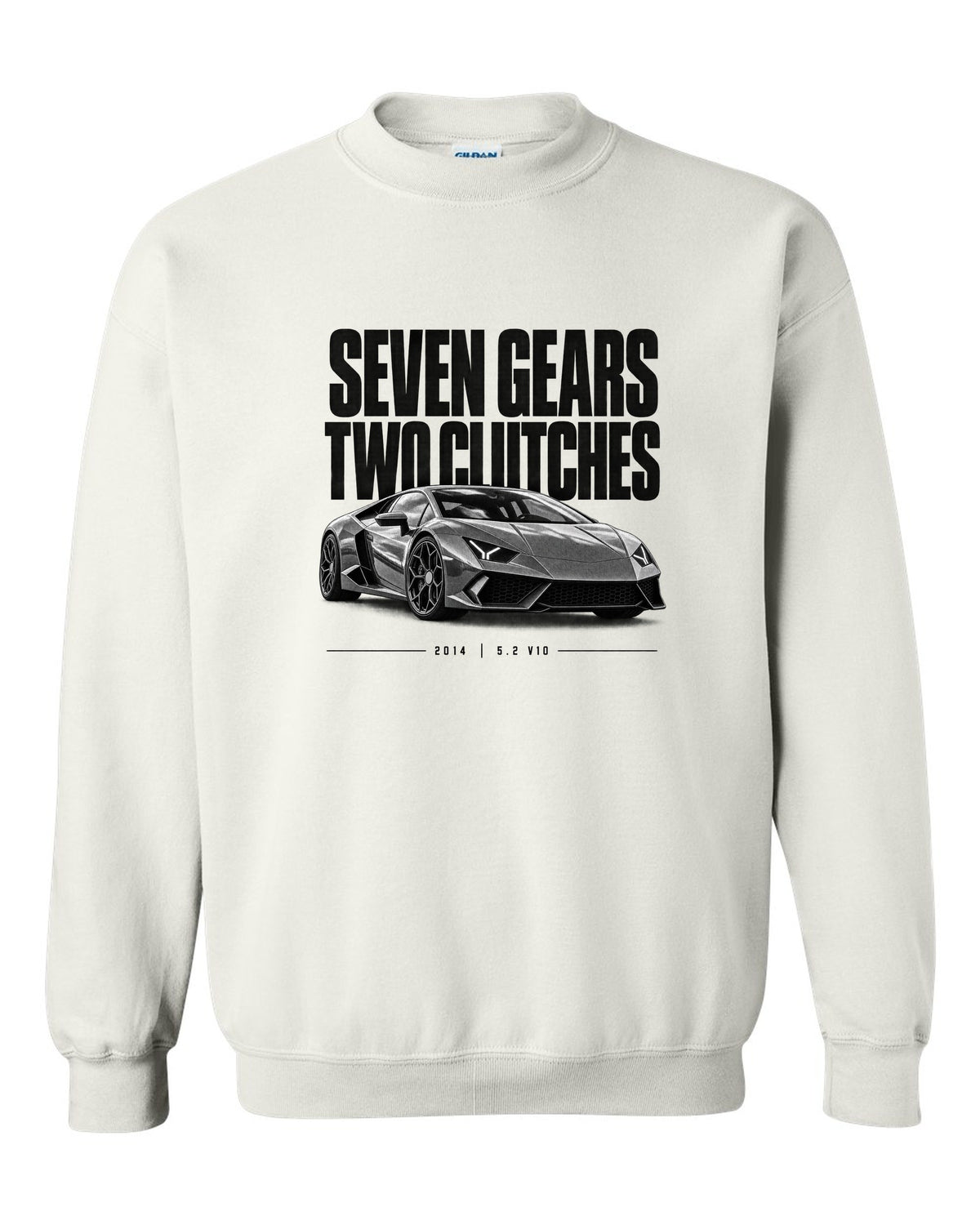 Halftone statement print of a Lamborghini Huracan LP610-4 with Seven Gears, Two Clutches text white crewneck front view with the design