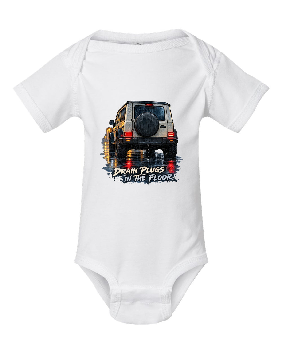 Jeep Wrangler JL taillight reflections on wet road in watercolour with drain plugs in the floor text white baby onesie front view with the design
