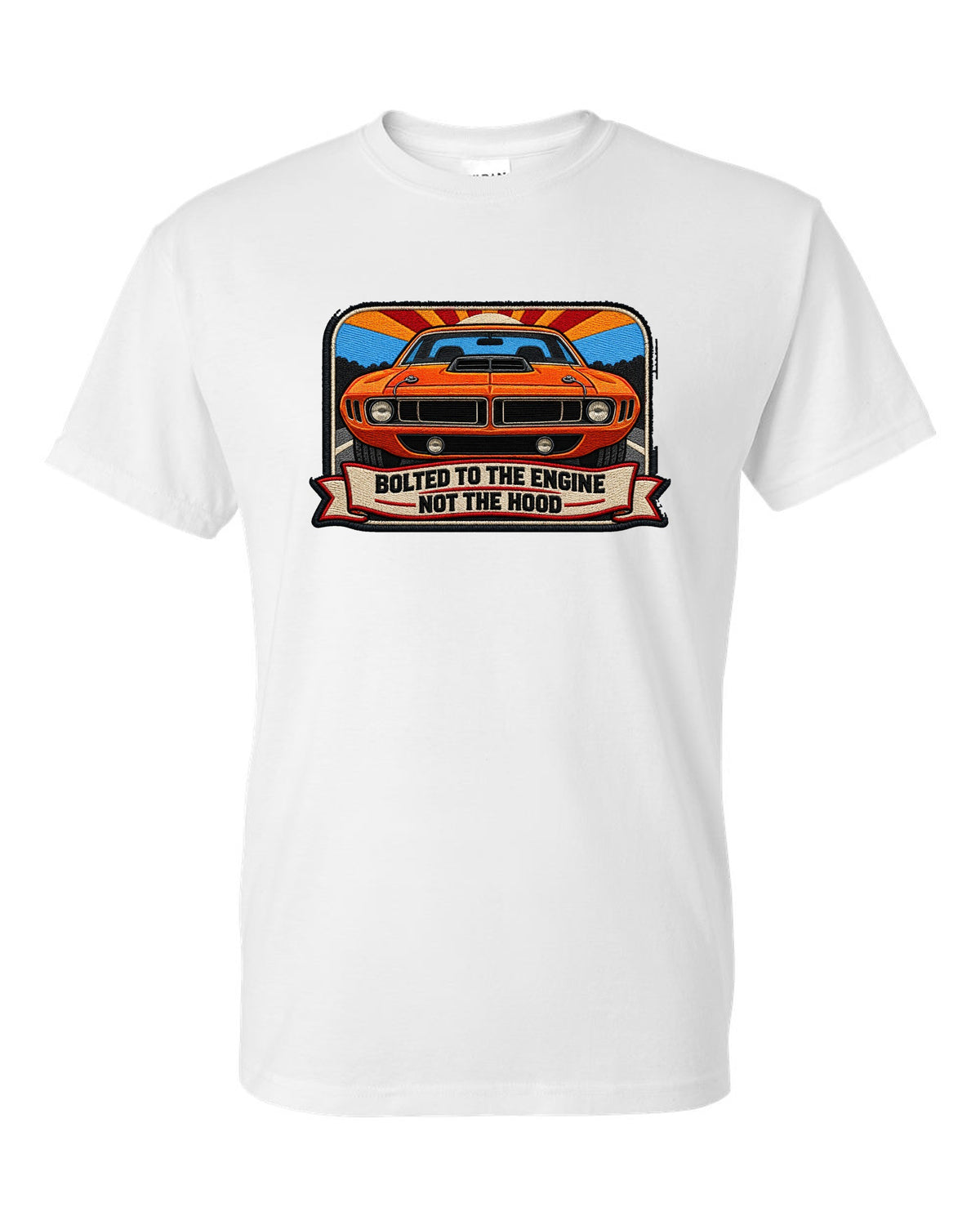 Embroidered mechanic patch style print of a 1970 Plymouth Hemi 'Cuda with shaker scoop text white t-shirt front view with the design
