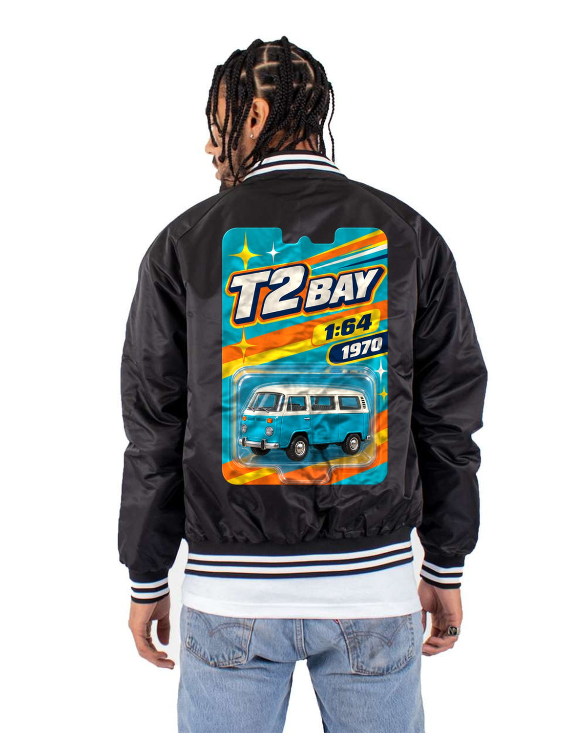 VW Bus T2 Bay 1970 Toy Card Blister Tee, 1:64 Car Shirt Bomber Jacket Black back