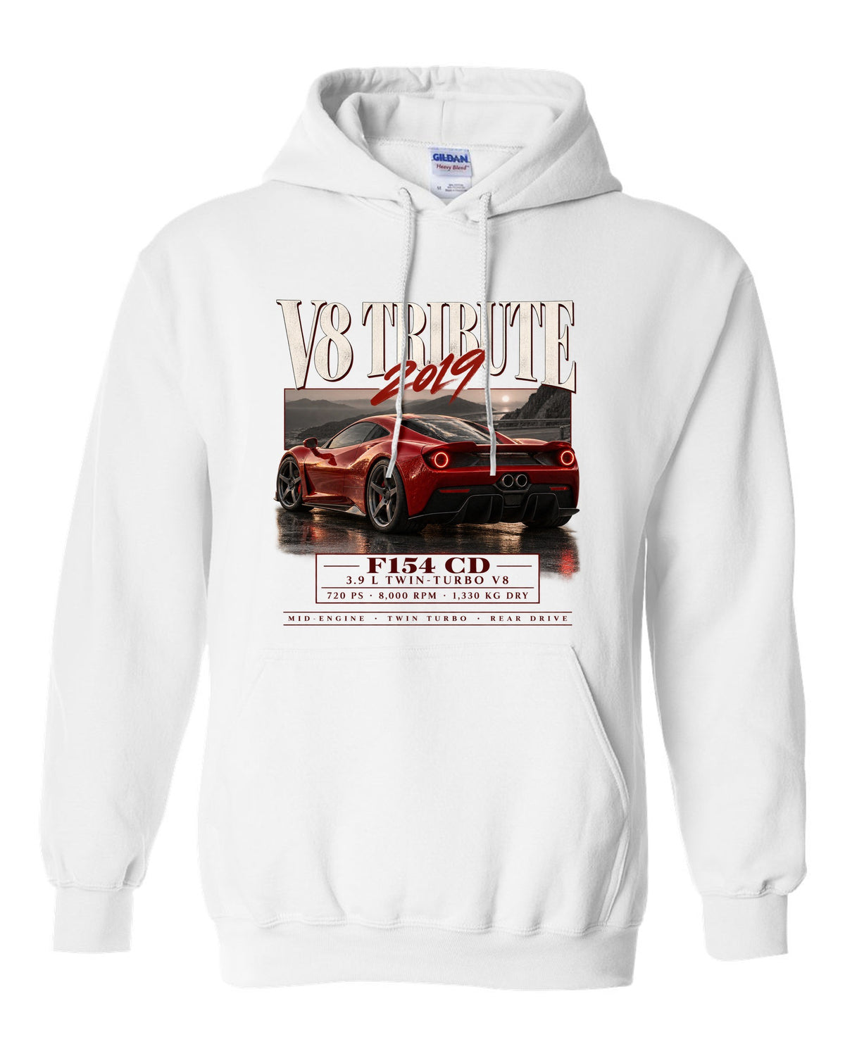 Archive panel print of a Ferrari F8 Tributo listing 3.9 L twin-turbo V8, 720 PS and 1,330 kg dry white pull over hoodie front view with the design