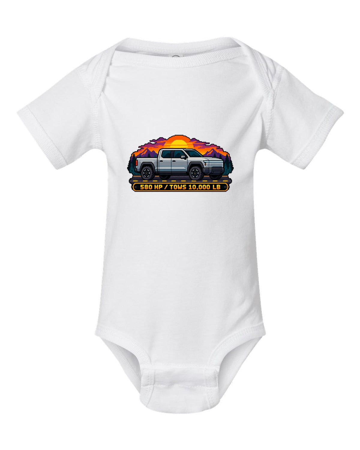 Ford F-150 Lightning 16-bit pixel art print with 580 HP and 10,000 lb towing text white baby onesie front view with the design