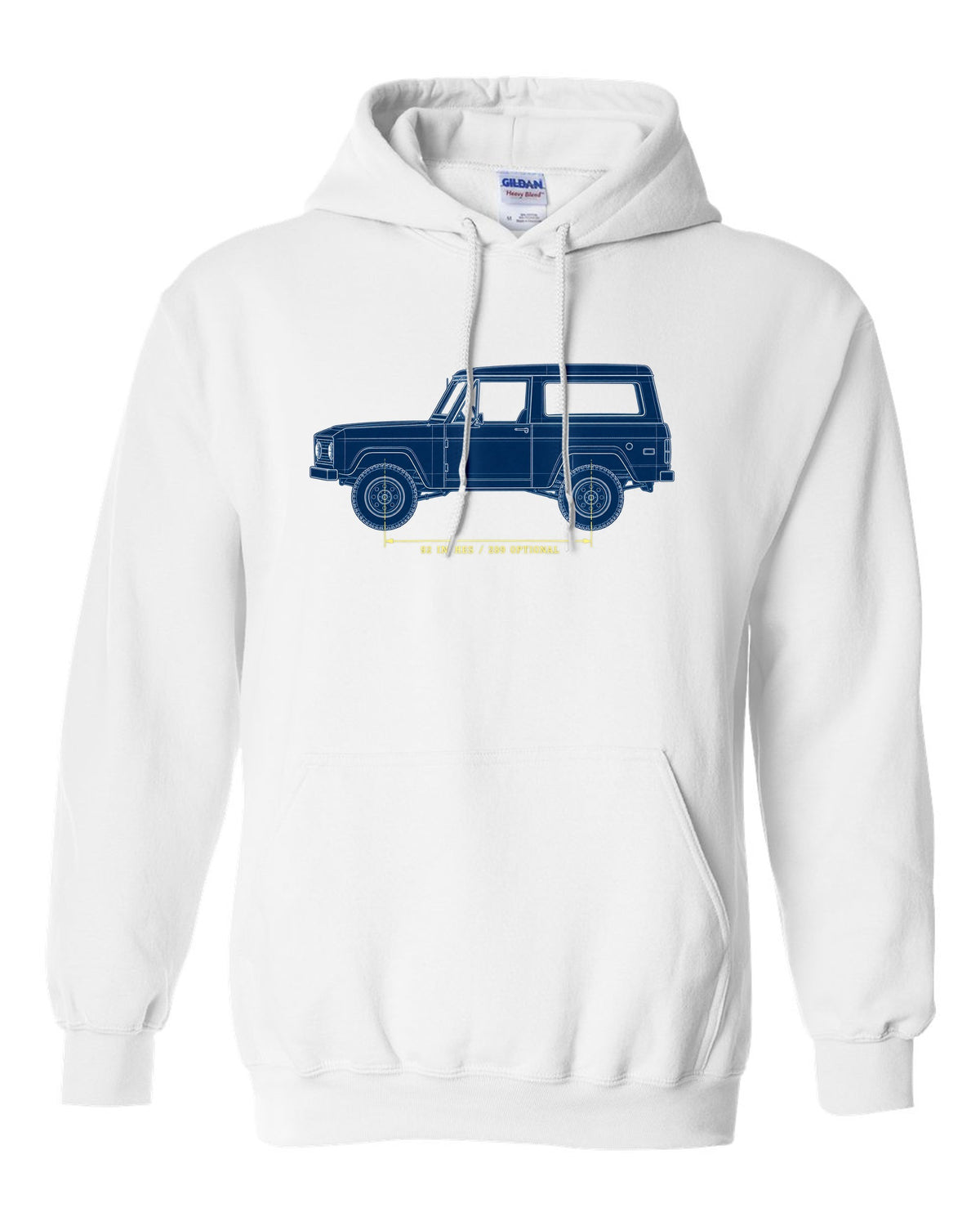 Patent-sheet blueprint drawing of a 1966-77 Ford Bronco U15 wagon with 92 INCHES and 289 OPTIONAL notes white pull over hoodie front view with the design