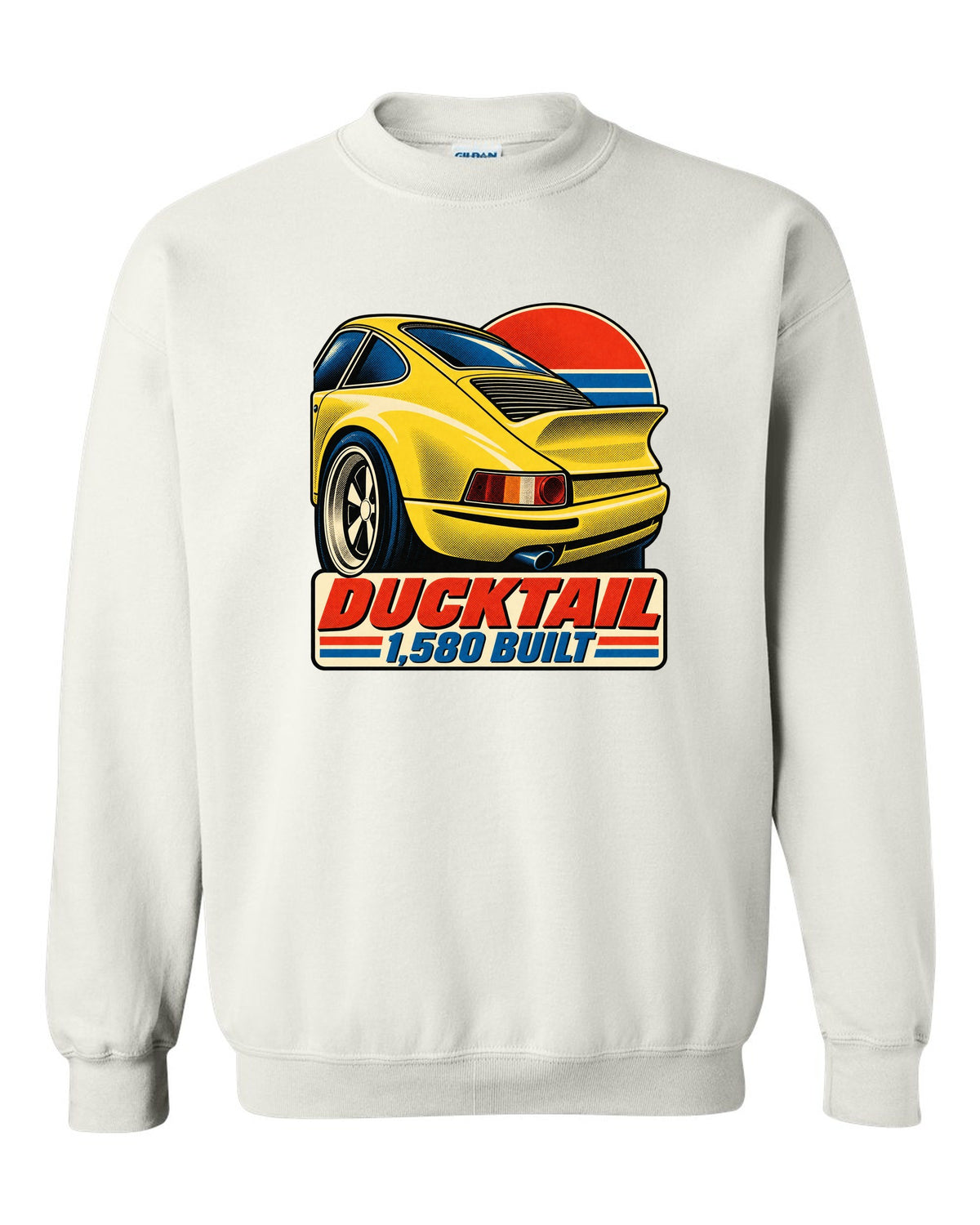 Vintage lithograph poster of the Porsche 911 Carrera RS 2.7 ducktail white crewneck front view with the design