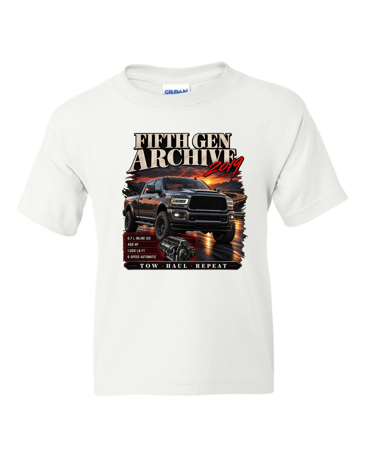 Archive panel print of a 2019 Ram HD 2500 6.7 HO diesel pickup with torque figure white kids tee front view with the design
