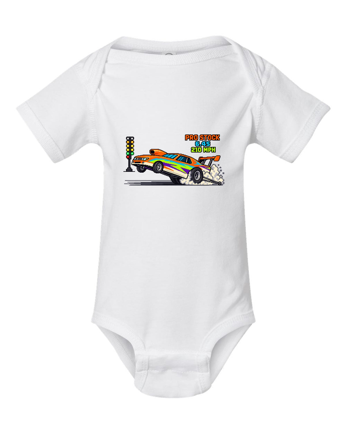 8-bit pixel art Pro Stock drag car launching with 6.4S 210 MPH lettering white baby onesie front view with the design