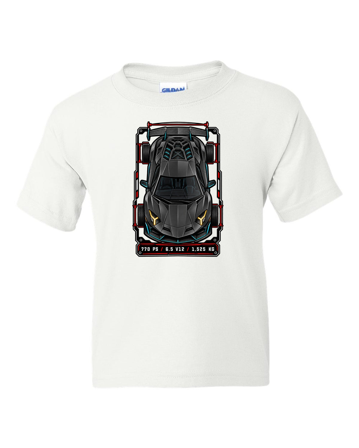 Spec-sheet data plate with a top-down Lamborghini Aventador SVJ LP770-4 and the text 770 PS / 6.5 V12 / 1,525 KG white kids tee front view with the design