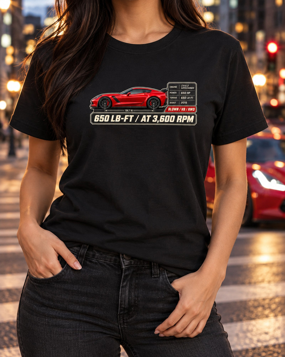 C7 Corvette Z06 Spec Poster Tee, 650 LB-FT Torque Car Shirt T-Shirt Black worn hero