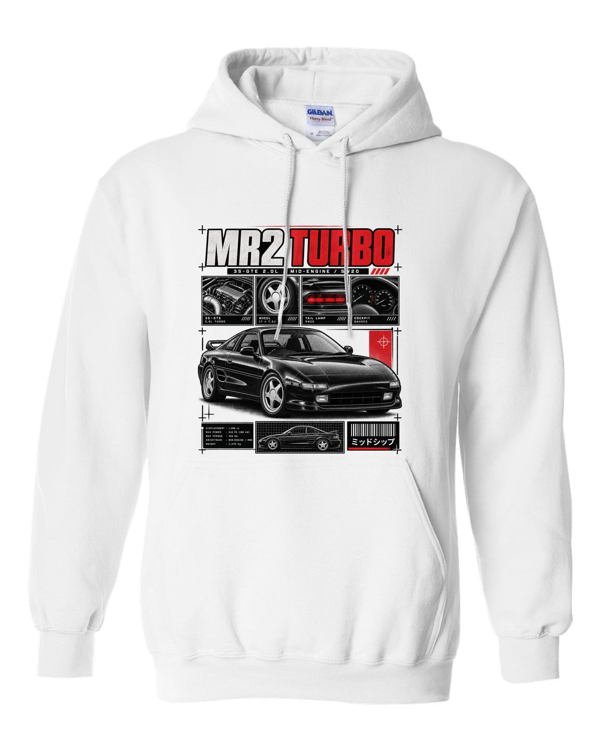 print of a Toyota MR2 SW20 Turbo in dossier panels with 3S-GTE 2.0L and mid-engine text white pull over hoodie front view with the design