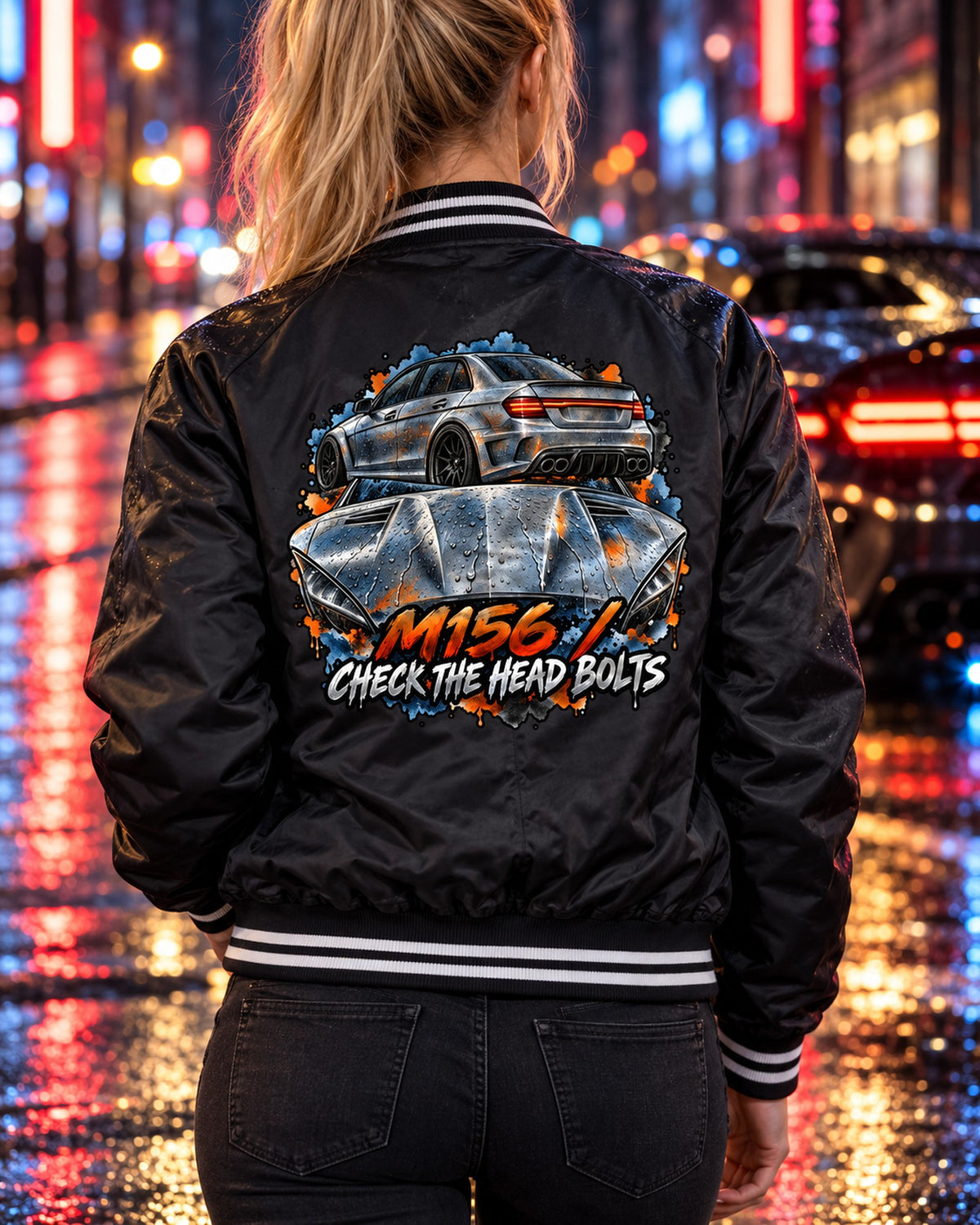 Mercedes C63 AMG W204 Cross-Drilled Brake Blueprint Shirt Bomber Jacket Black worn hero