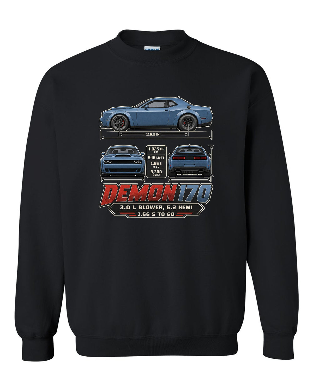 Dodge Challenger SRT Demon 170 dimension blueprint print black crewneck front view with the design