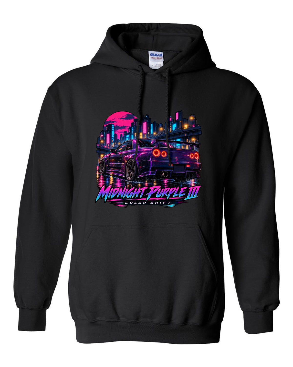 Cel-shaded anime night street print of a Midnight Purple III Nissan Skyline GT-R R34 BNR34 black pull over hoodie front view with the design
