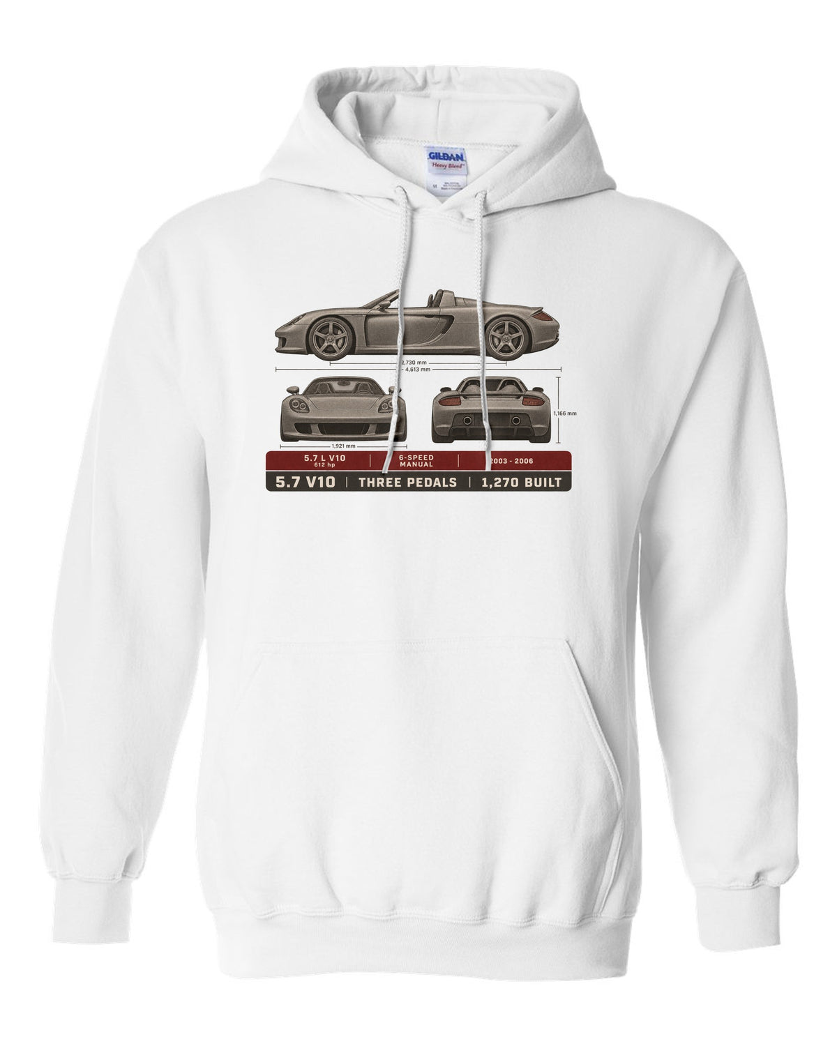 Porsche Carrera GT three-view and spec table print design white pull over hoodie front view with the design