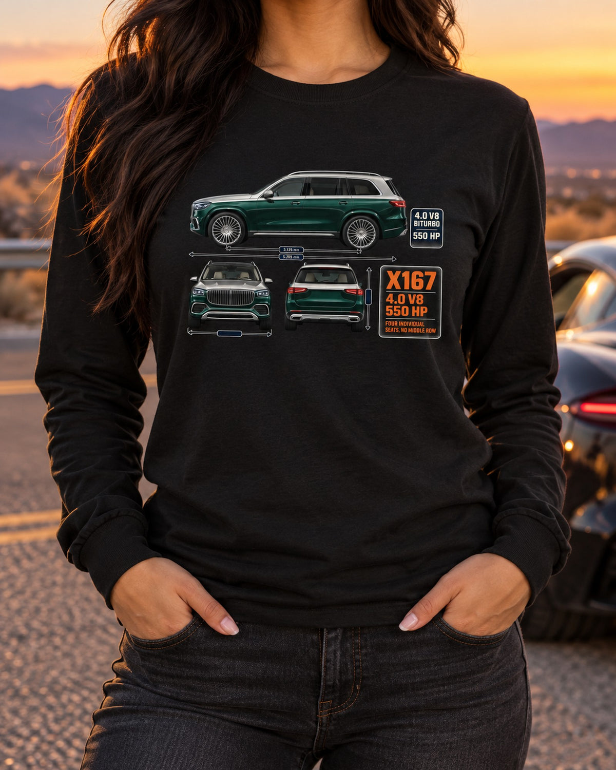 Mercedes-Maybach GLS 600 X167 Three-View Spec Shirt Long Sleeve Black worn hero