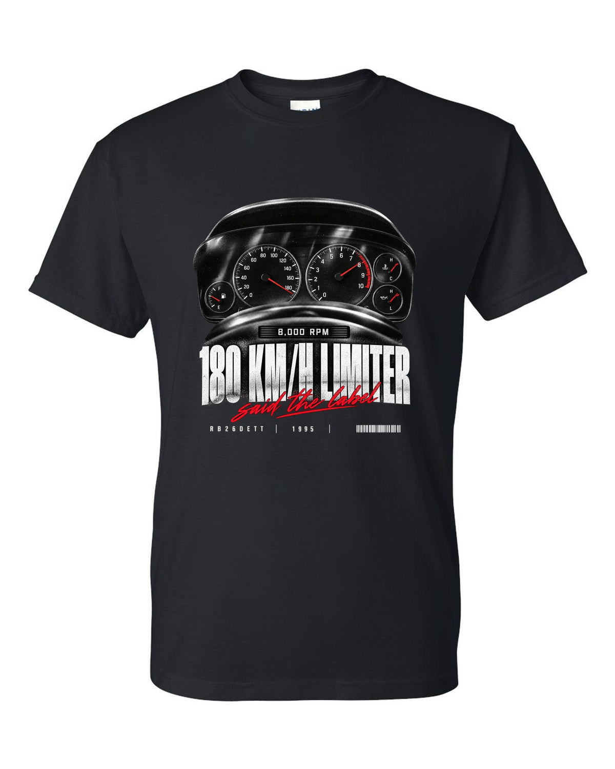 Instrument cluster of a Nissan Skyline GT-R R33 showing 180 km/h and 8,000 rpm with limiter caption black t-shirt front view with the design