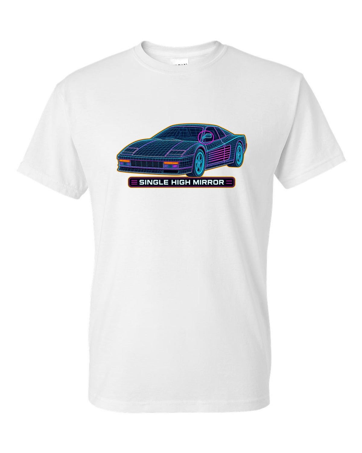 Wireframe CAD mesh print of the Ferrari Testarossa F110 with the text single high mirror white t-shirt front view with the design