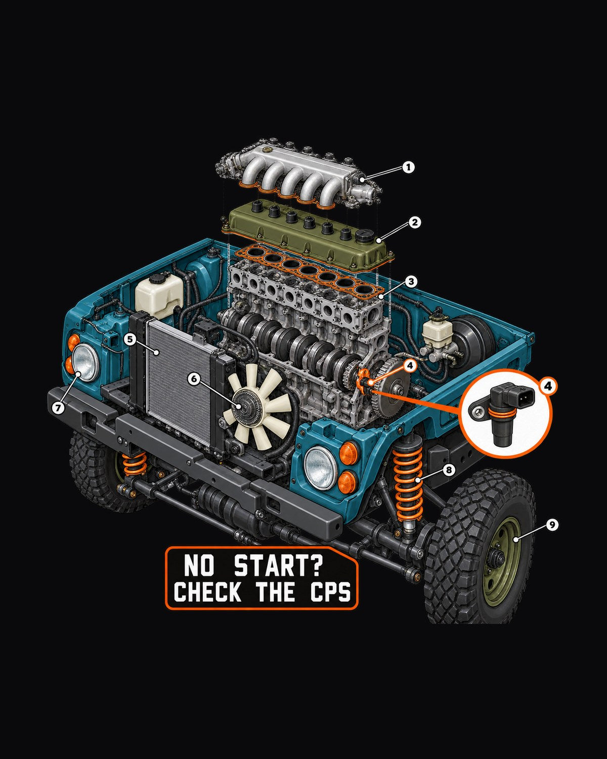 Jeep Wrangler TJ Six-Cylinder Exploded Engine Tee, Check CPS design only
