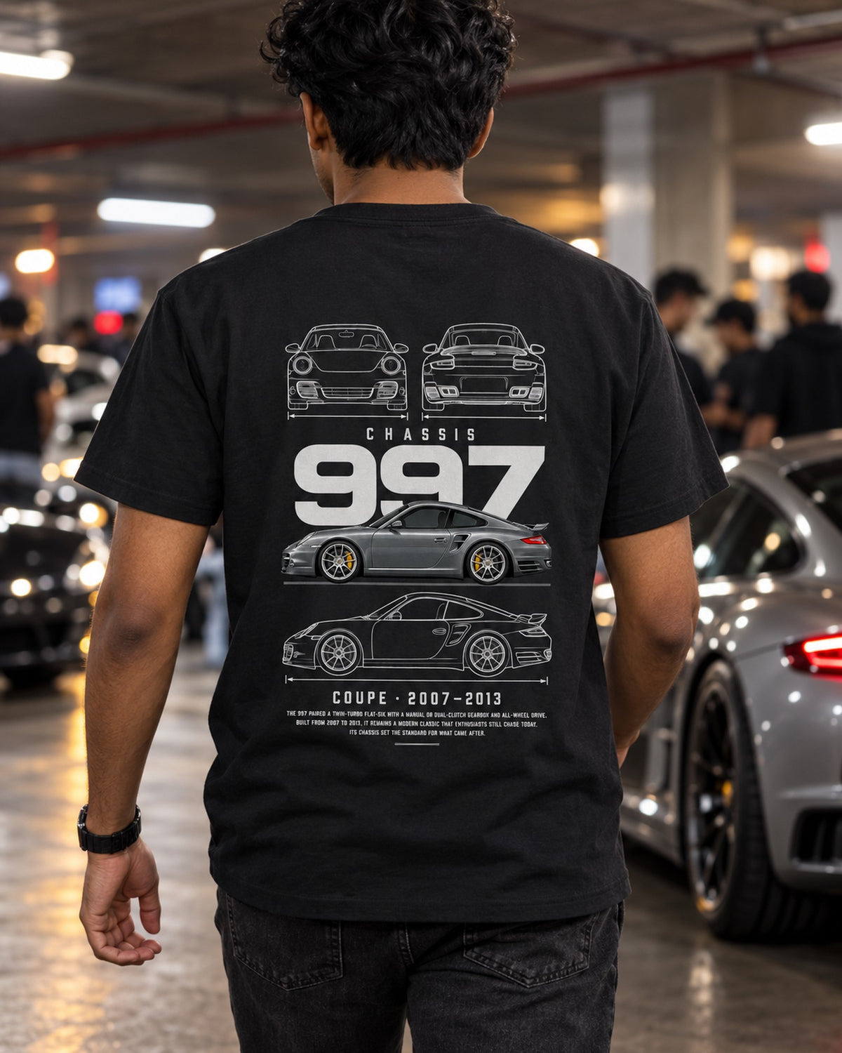 Porsche 997 Turbo Blueprint Full-Back Graphic Tee, 997 Chassis Code T-Shirt Black worn hero