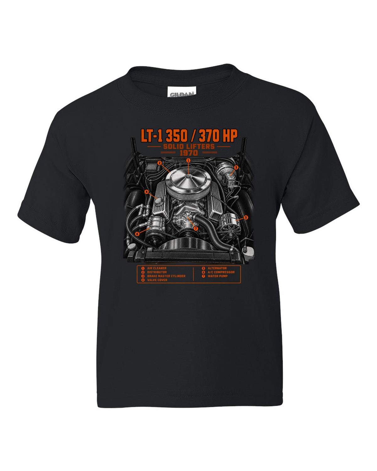 Chevrolet Corvette C3 Stingray 1970 LT-1 350 engine print black kids tee front view with the design