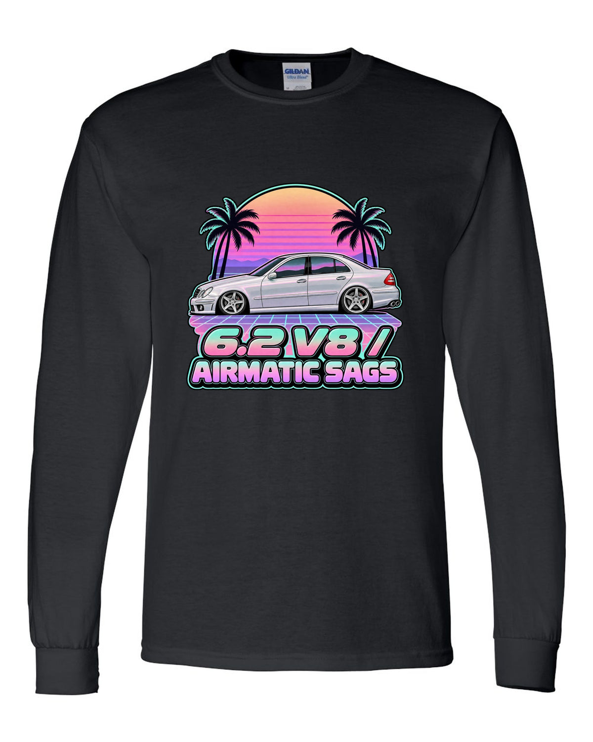 Vaporwave pastel print of a Mercedes E63 AMG W211 with Airmatic text black long sleeve front view with the design