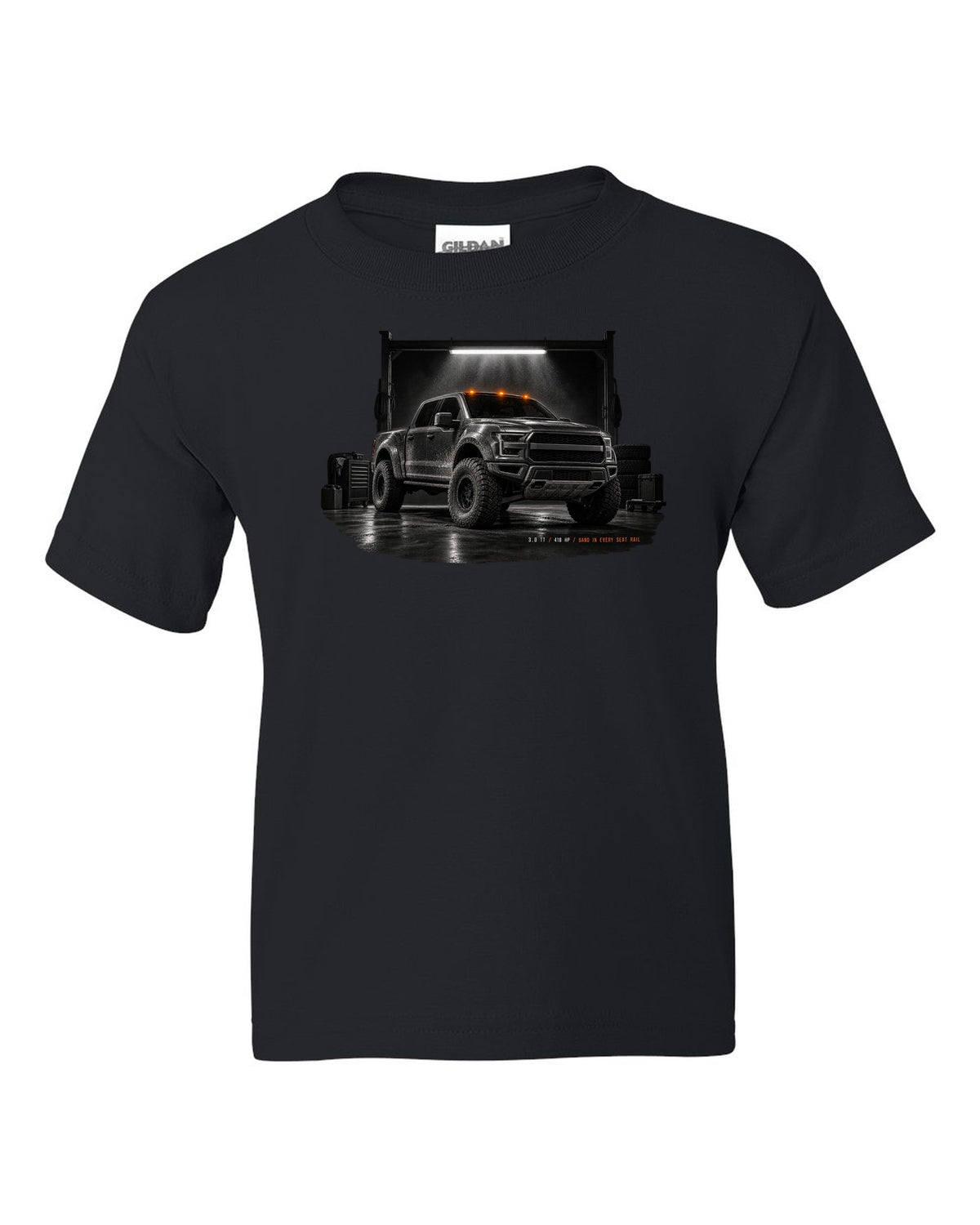 Ford Bronco Raptor 2022 U725 garage night print with 3.0 TT and 418 HP text black kids tee front view with the design