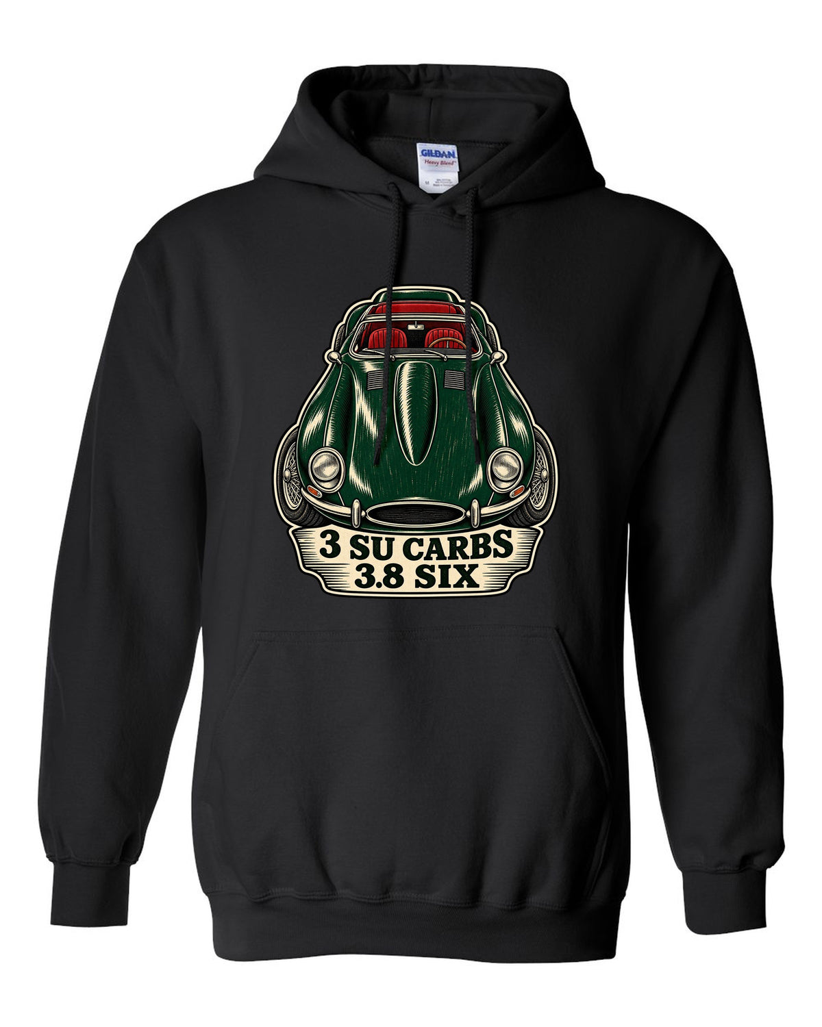 Jaguar E-Type Series 1 long bonnet woodcut with 3 SU CARBS 3.8 SIX lettering black pull over hoodie front view with the design