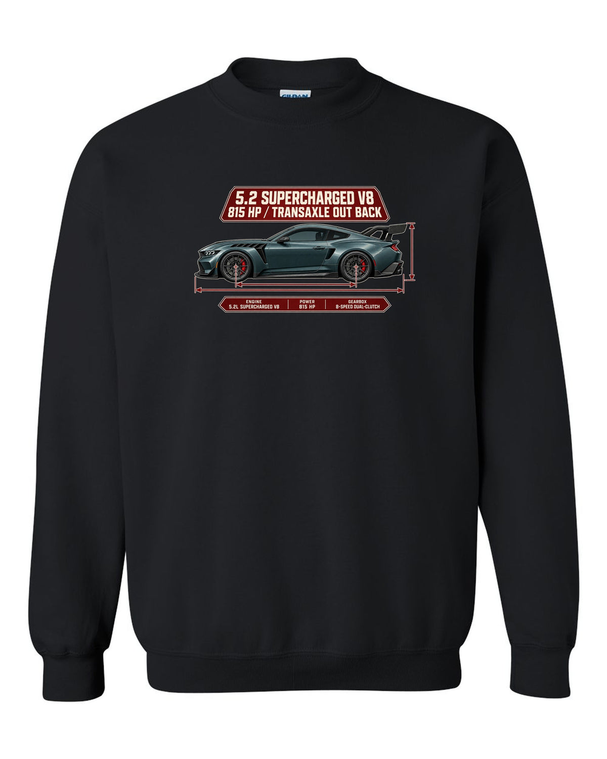 print of a Mustang GTD dimension blueprint with 5.2 supercharged V8 and 815 HP text black crewneck front view with the design