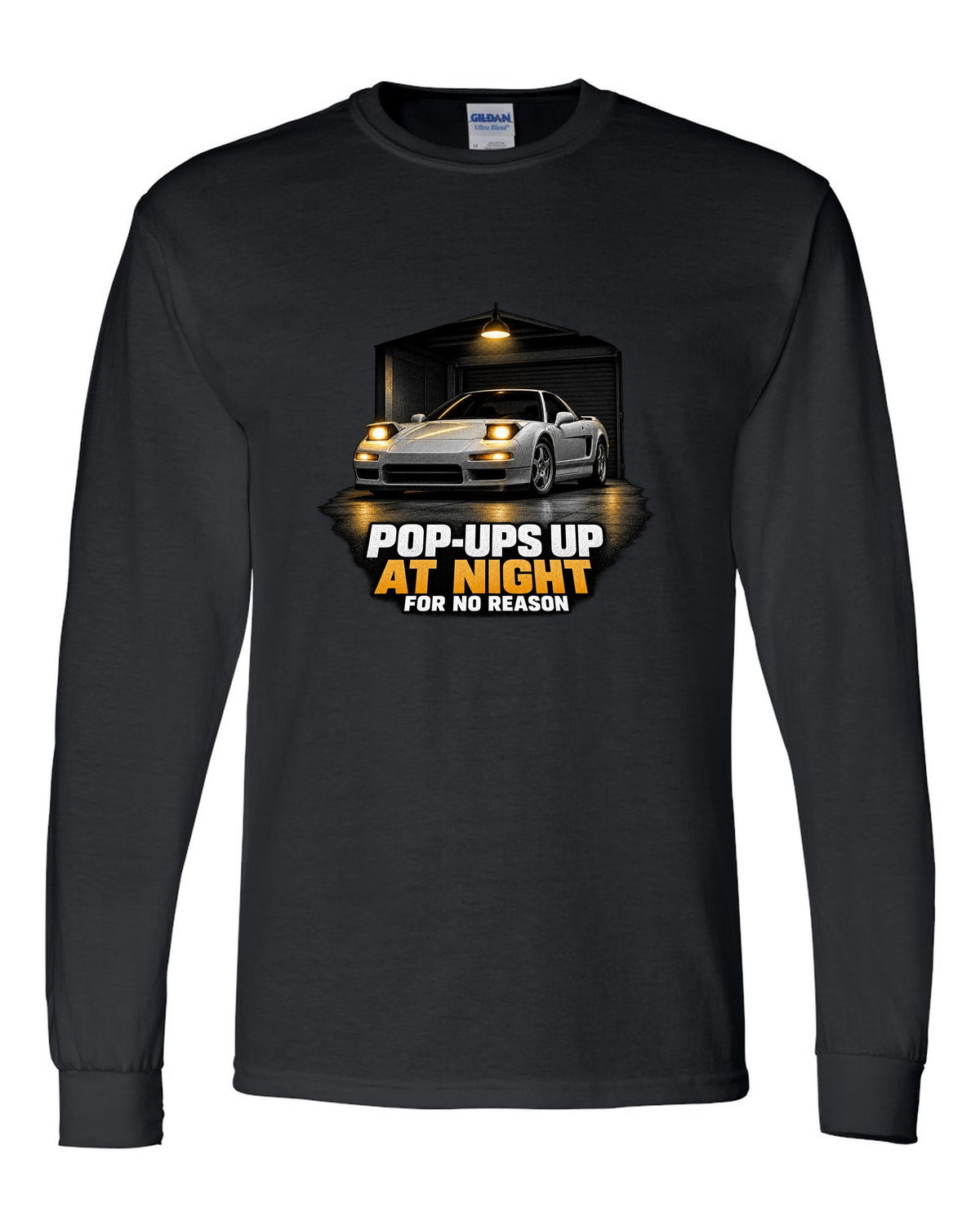 Honda NSX NA1 garage night design with pop-ups up at night for no reason text black long sleeve front view with the design
