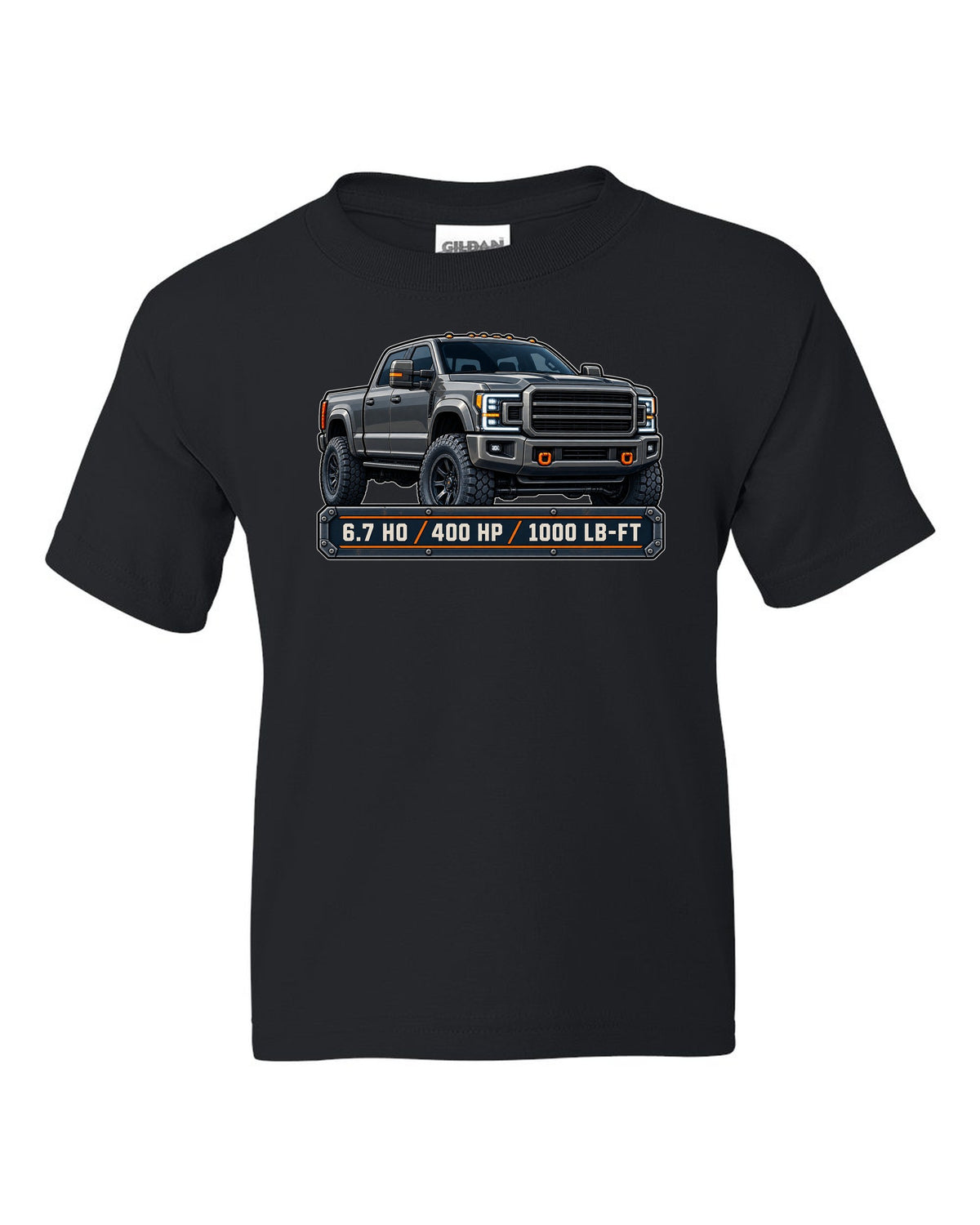 Spec-sheet data plate print for a 2019-2024 Ram HD 2500 crew cab with 6.7 HO 400 HP 1000 lb-ft text black kids tee front view with the design