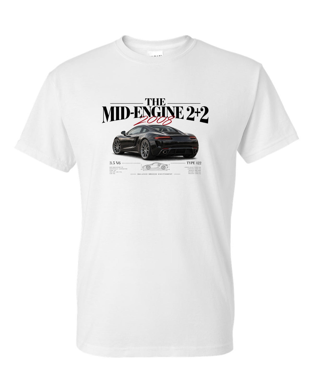 Editorial headline print of a 2008 Lotus Evora Type 122 about the mid-engine 2+2 white t-shirt front view with the design