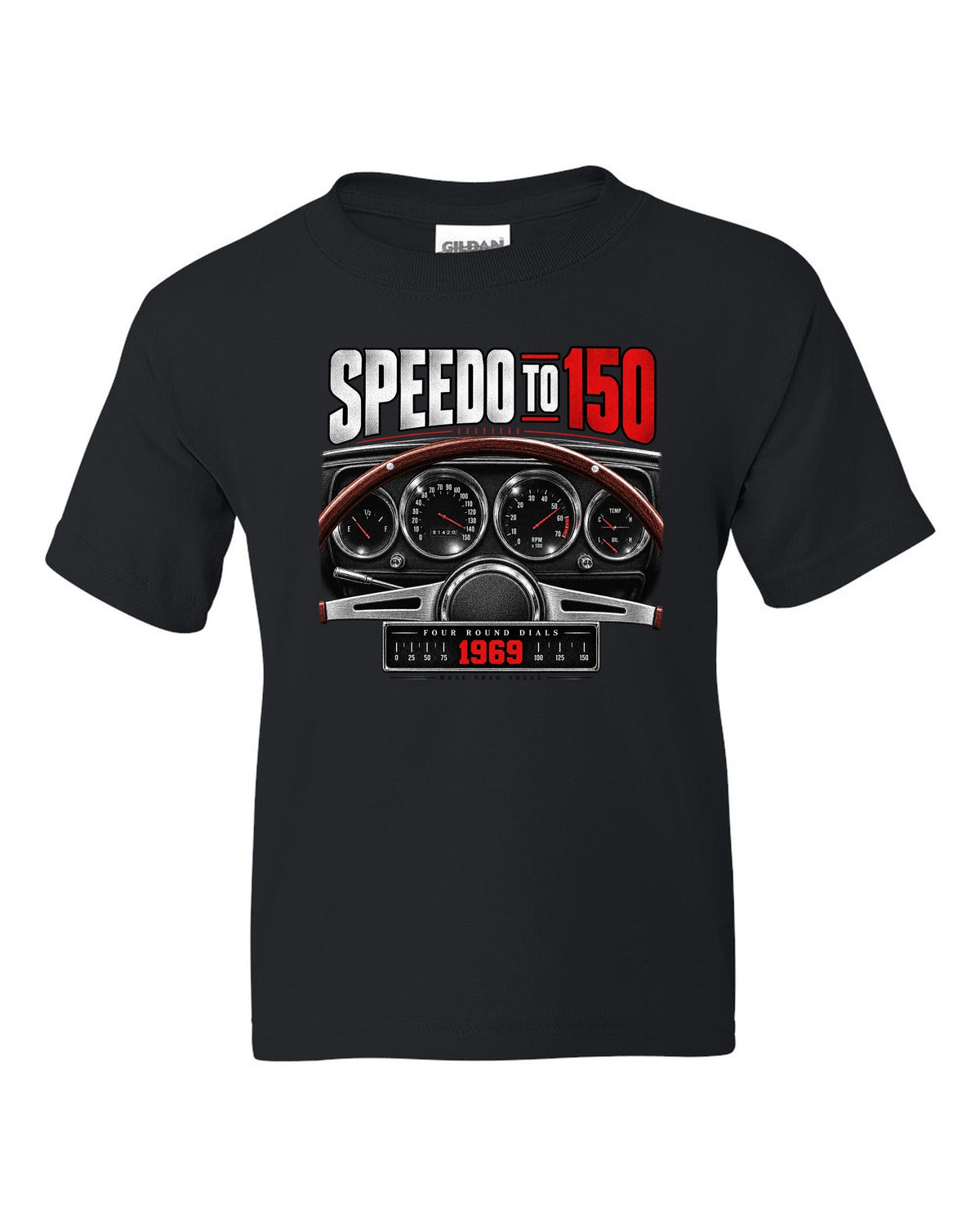 Cockpit gauge print of a 1969 Dodge Charger R/T with four round dials and a 150 speedometer black kids tee front view with the design