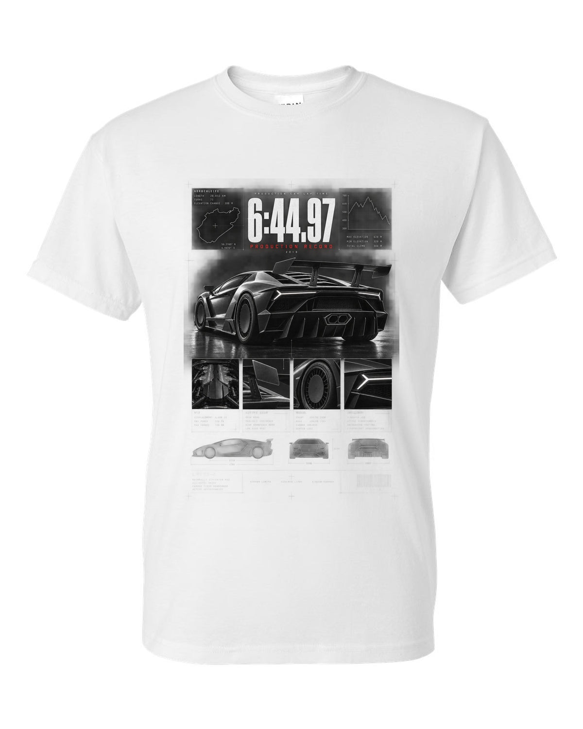 Dossier panel print of a Lamborghini Aventador SVJ LP770-4 with 6:44.97 production record text white t-shirt front view with the design