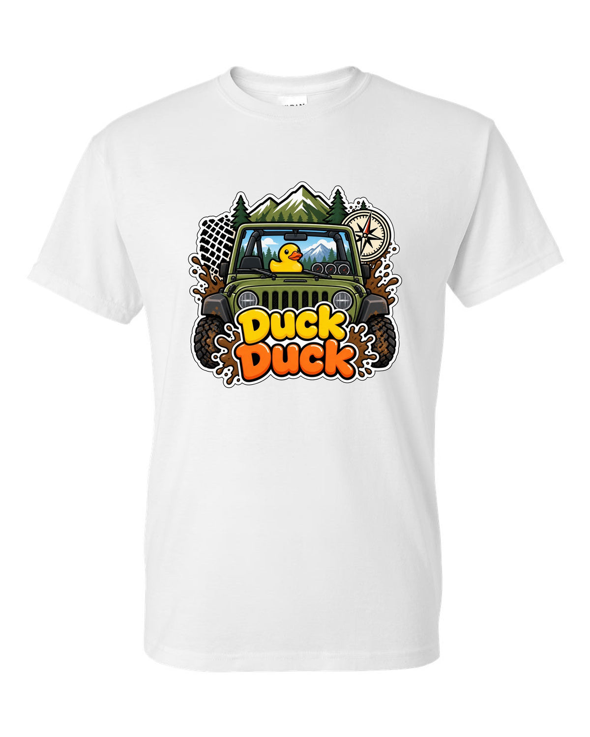 Sticker-bomb collage print of a Jeep Wrangler JK dashboard with ducks white t-shirt front view with the design
