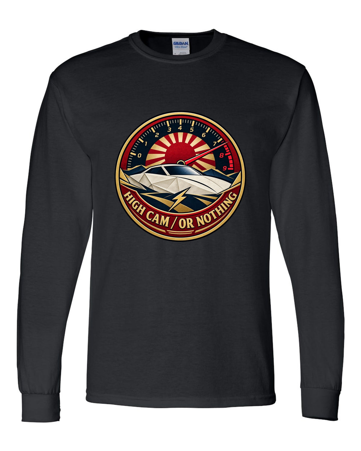 Origami-style crest of a Toyota Celica ZZT231 with the words High Cam or Nothing black long sleeve front view with the design