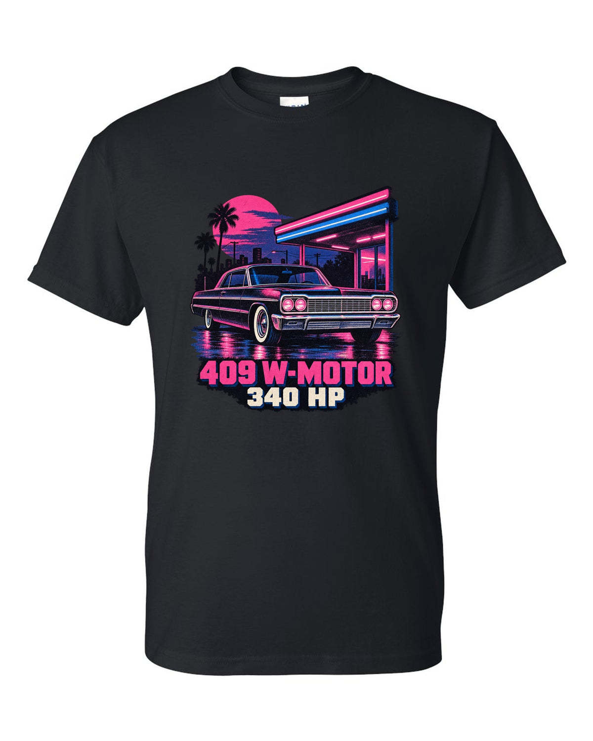 1964 Chevrolet Impala SS in pink and blue risograph neon rain with text 409 W-Motor 340 HP black t-shirt front view with the design