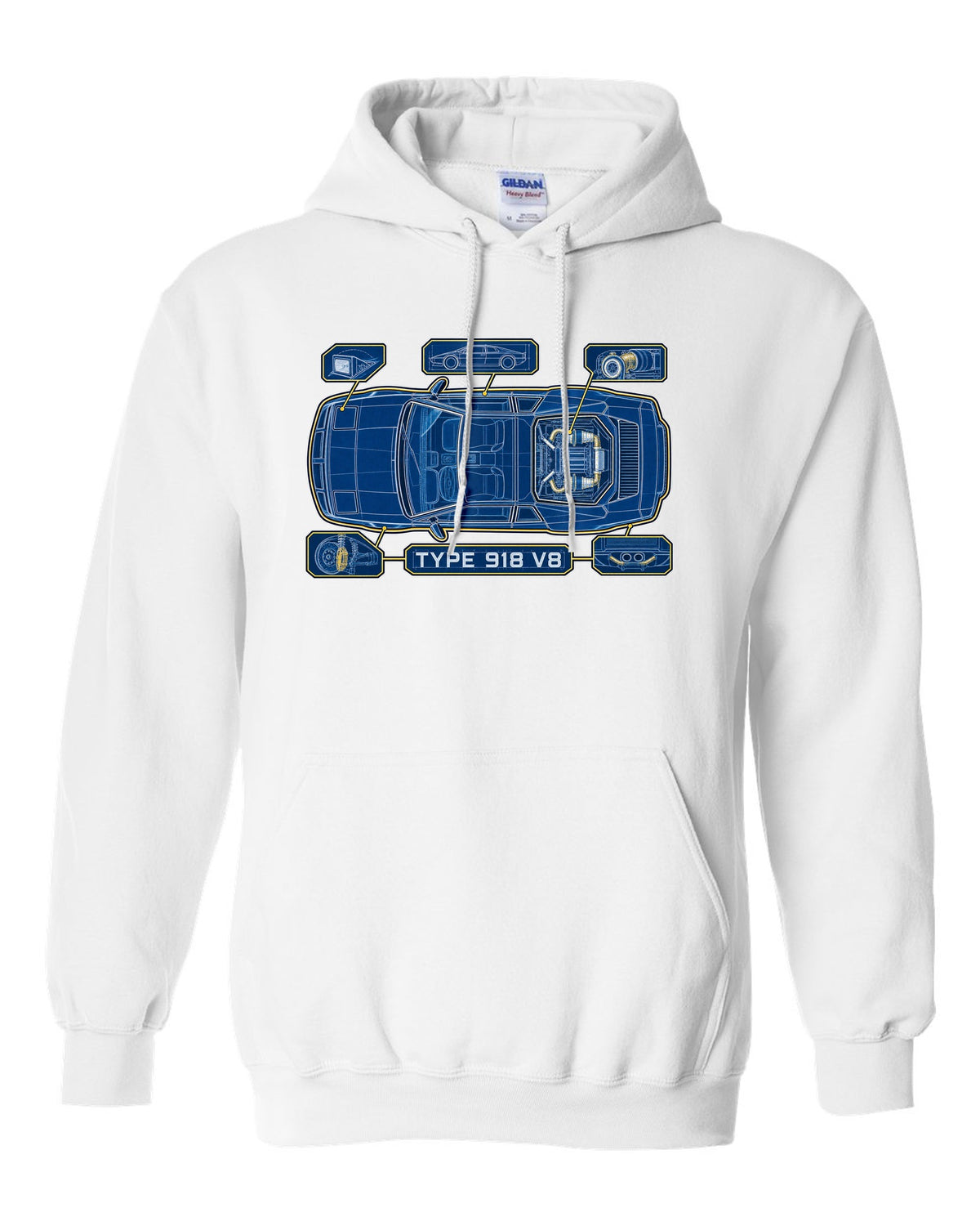 Lotus Esprit V8 cyanotype blueprint with TYPE 918 V8 lettering white pull over hoodie front view with the design