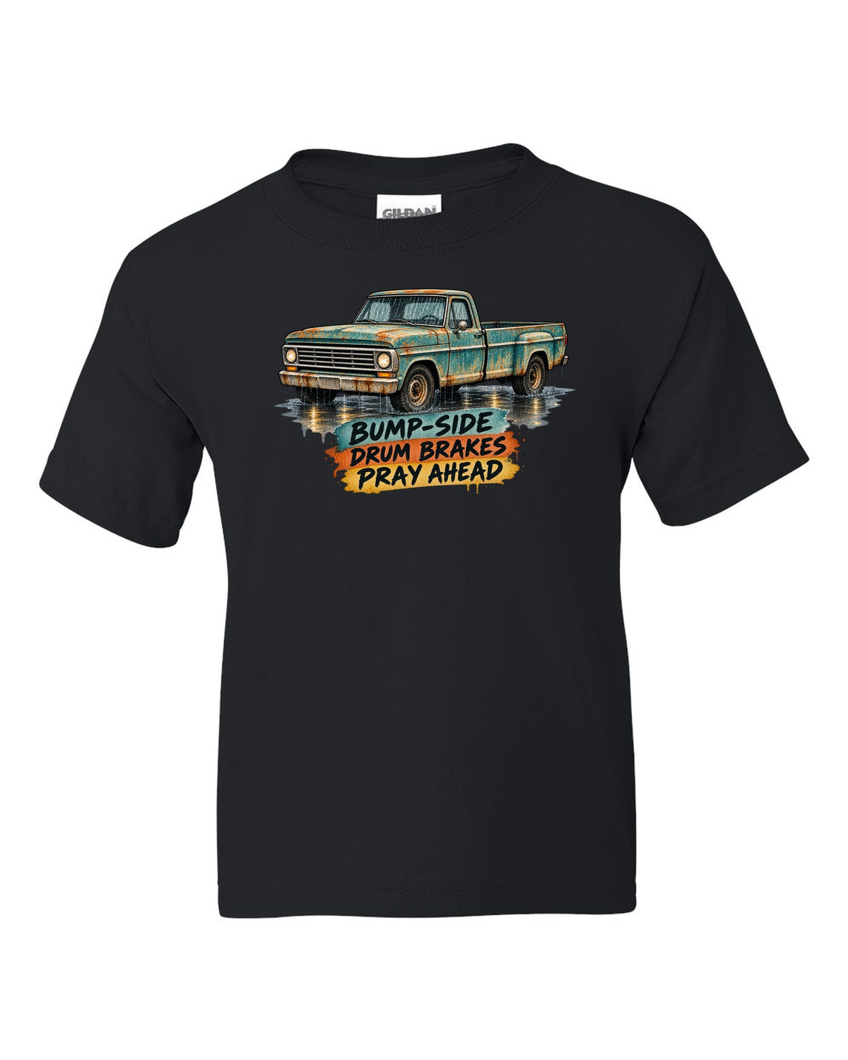 1967-72 Ford F-Series Bump-Side Barn Find Watercolour black kids tee front view with the design