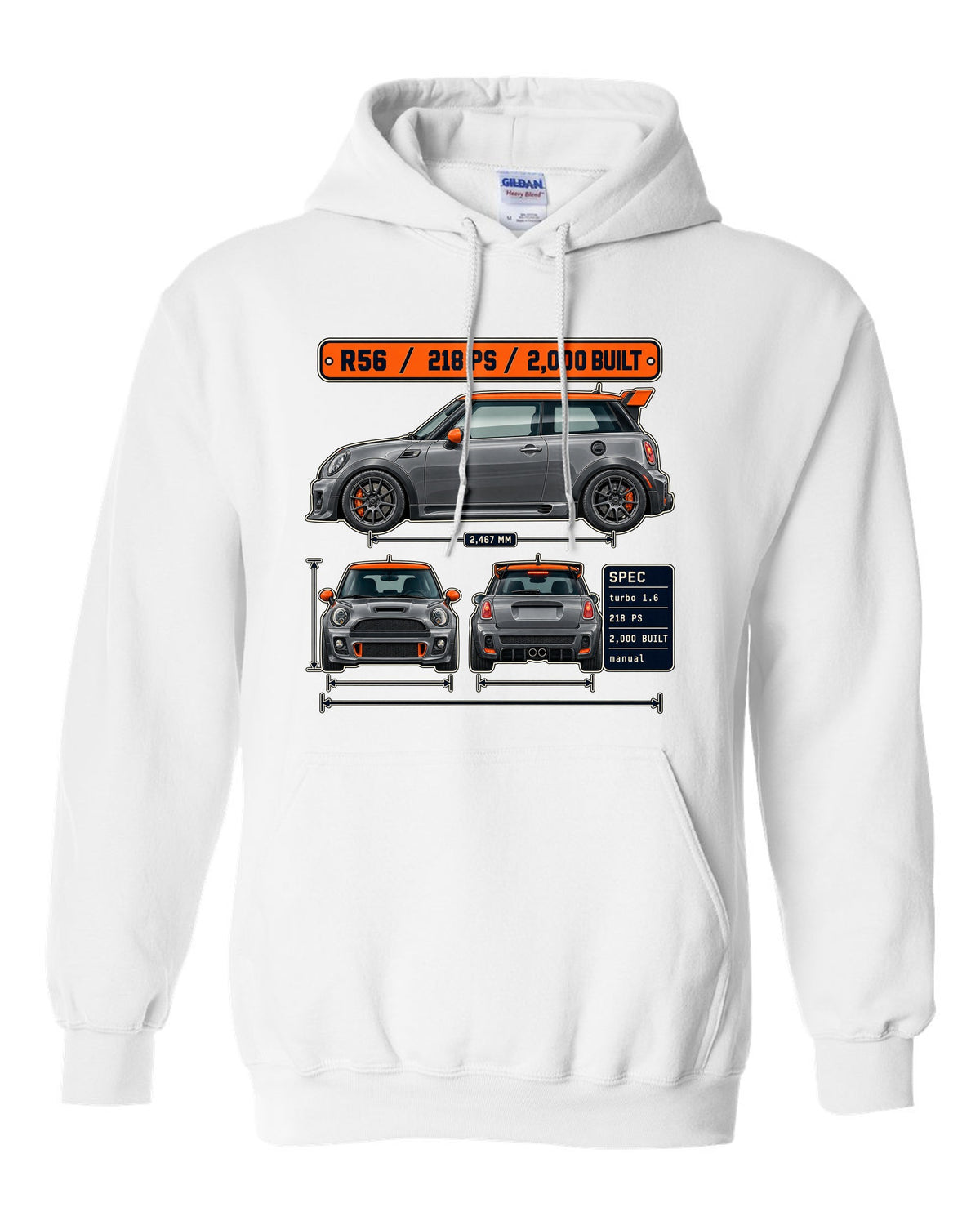 Three-view and spec table print for the Mini JCW GP R56 2012 with 2,000 built text white pull over hoodie front view with the design