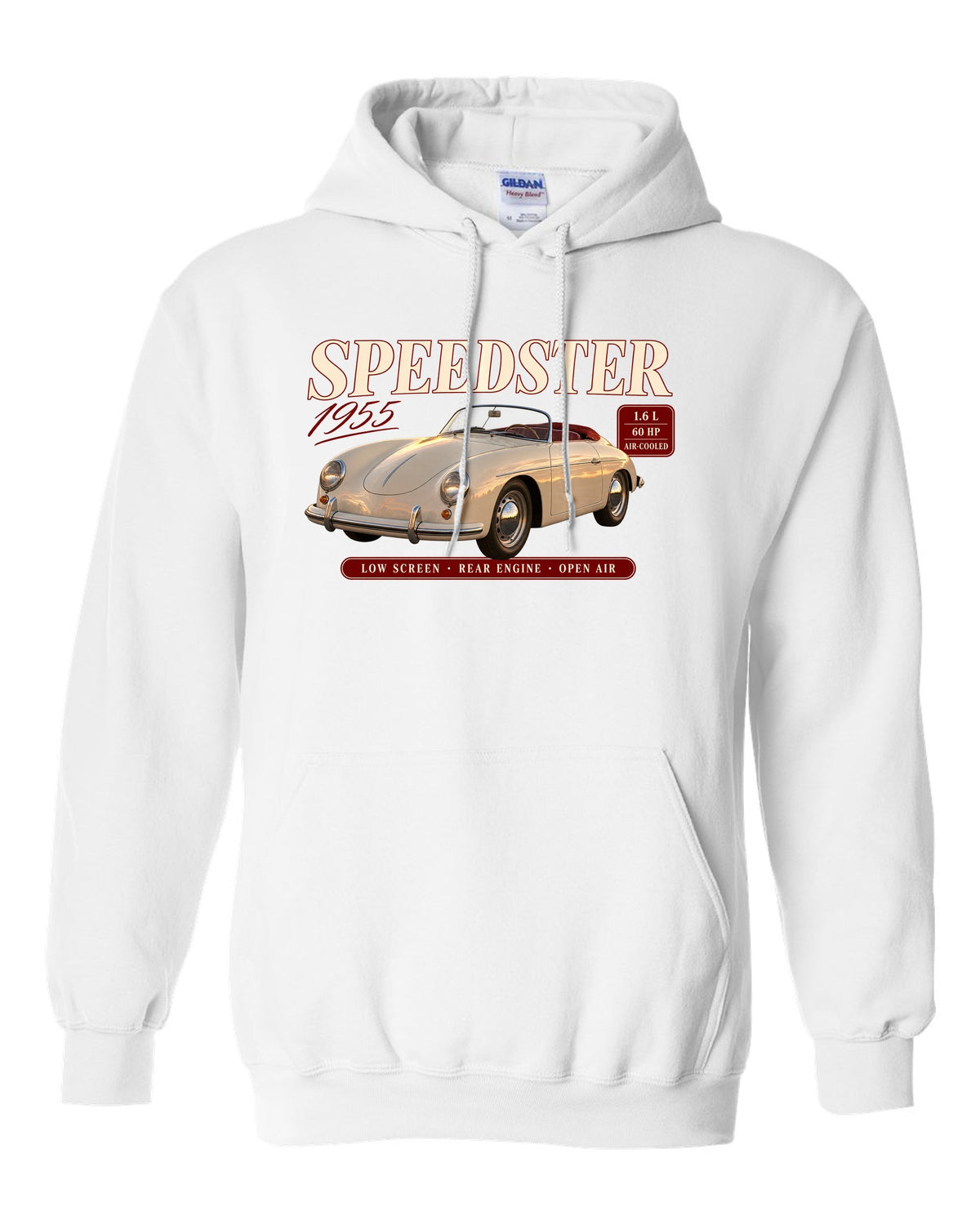 Archive spec panel print for the 1955 Porsche 356 Speedster with low screen and air-cooled specs white pull over hoodie front view with the design
