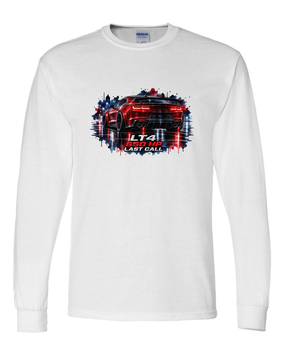 2023 Camaro ZL1 on a wet night road in watercolour style with LT4 650 HP Last Call text white long sleeve front view with the design