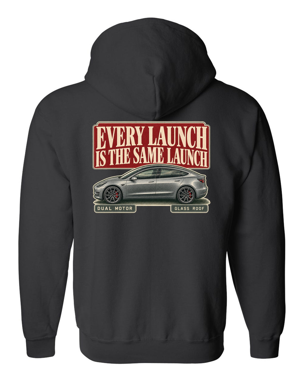 Tesla Model 3 Performance Editorial Headline Tee, 2018-2023 black zip hoodie back view with the design