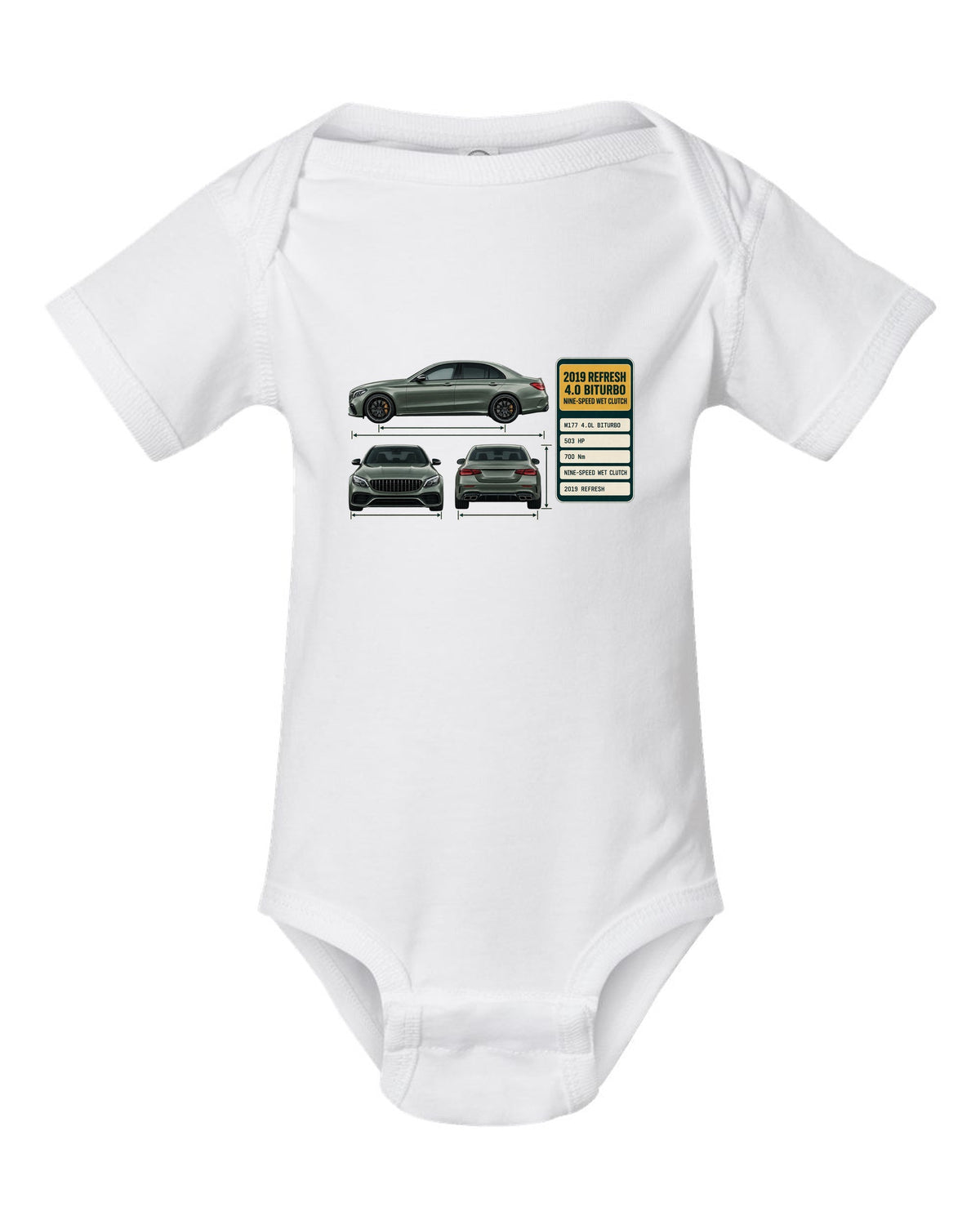 Spec poster print of a Mercedes-AMG C63 S W205 facelift sedan white baby onesie front view with the design