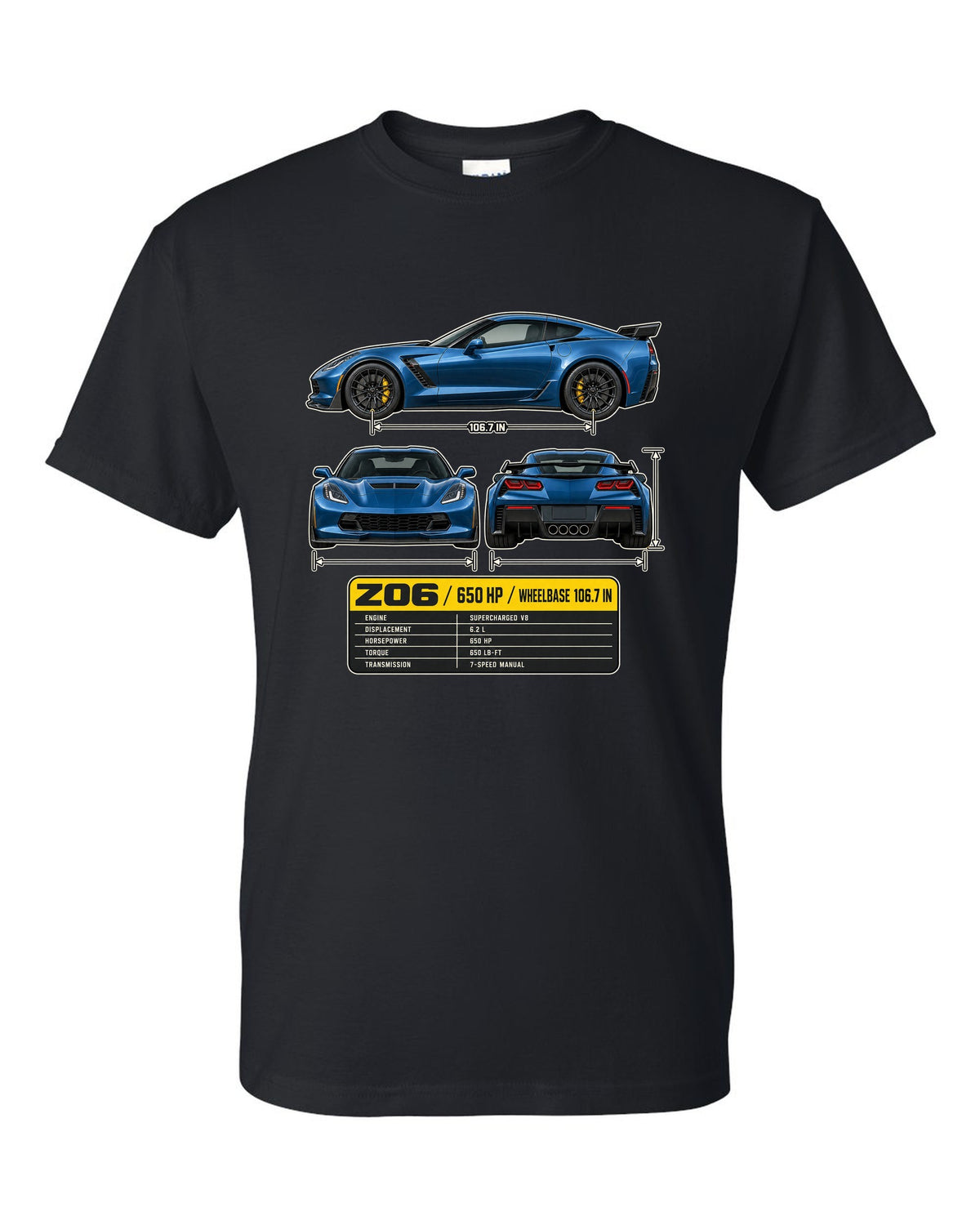 print of a Chevrolet Corvette C7 Z06 three-view drawing with a spec table black t-shirt front view with the design