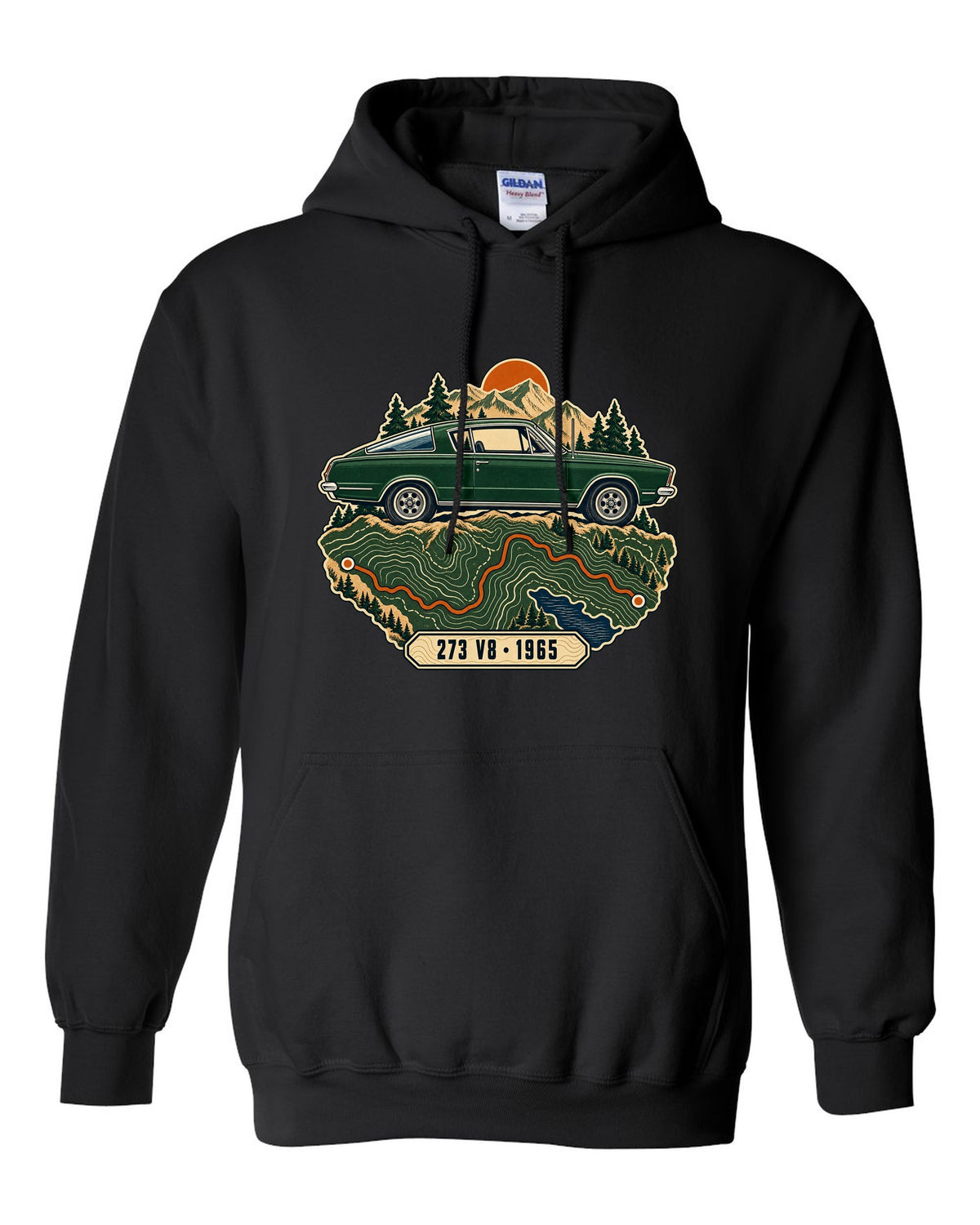 Topographic route map design with a 1965 Plymouth Barracuda fastback and 273 V8 lettering black pull over hoodie front view with the design
