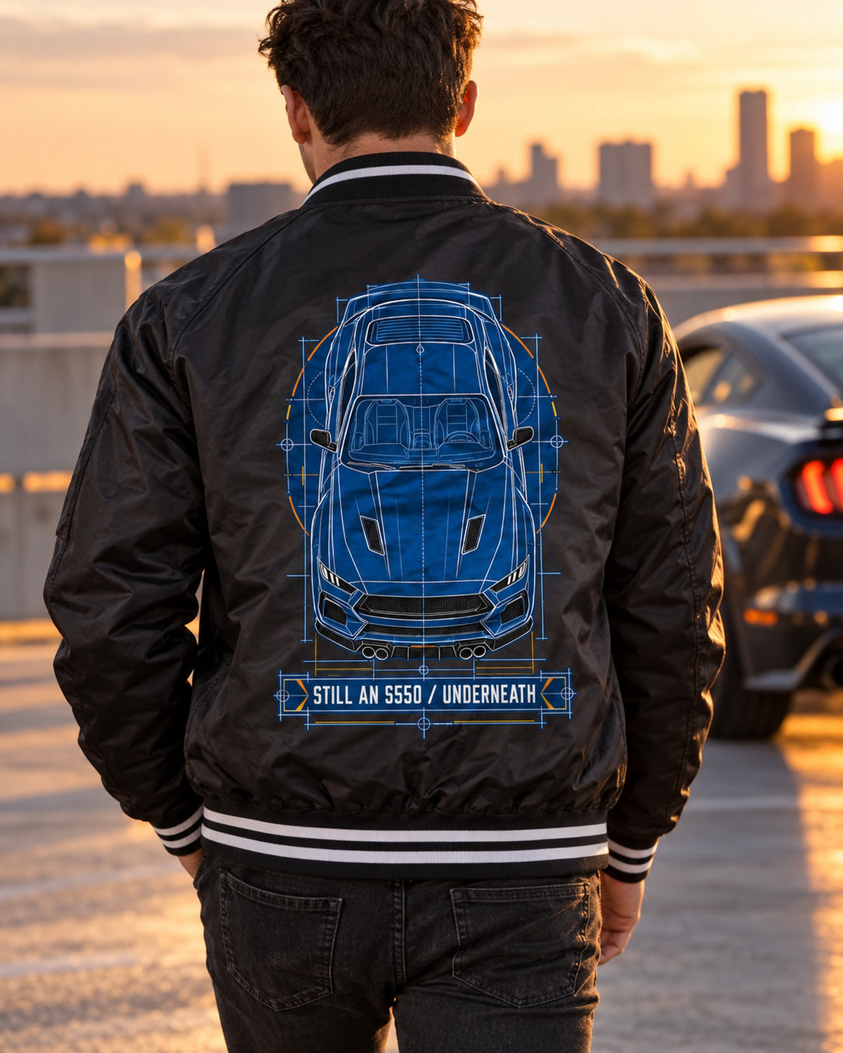 S650 Mustang Cyanotype Blueprint Shirt, Still An S550 Underneath Bomber Jacket Black worn hero