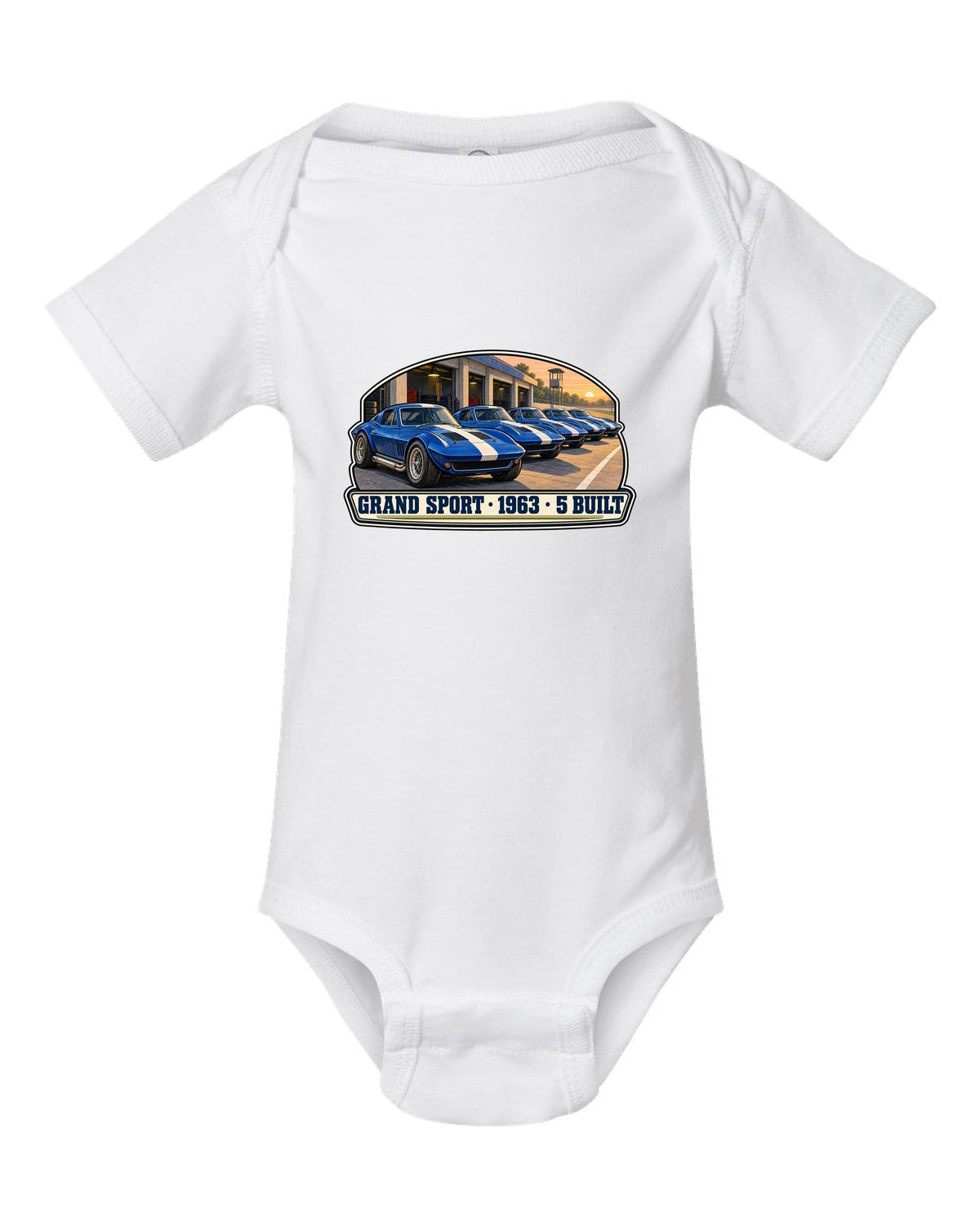 Isometric vector print of a 2014 Chevrolet Corvette C7 Stingray highlighting the fender gill vent white baby onesie front view with the design